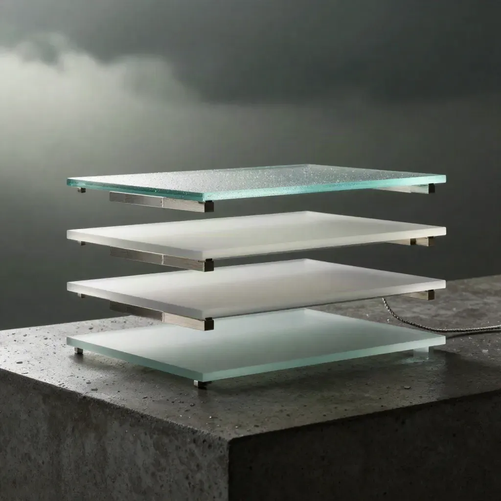 Layered web mockups on a rain-dark concrete plinth, lit by dawn mist
