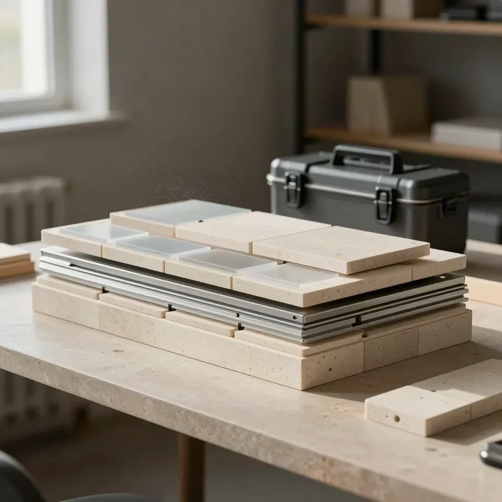 Modular WordPress blocks snapping into place on a travertine workbench in soft daylight.