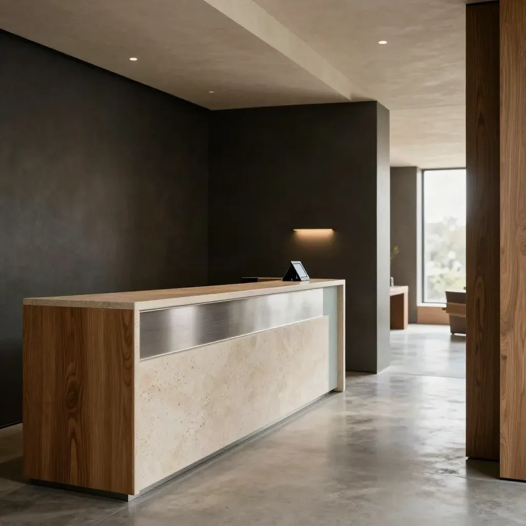 Moody agency reception with oak-and-stone counter, lit intake path, and deep doorway perspective