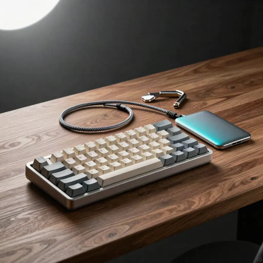 Mechanical keyboard, braided cable, trackpad, and hex key on a walnut workbench