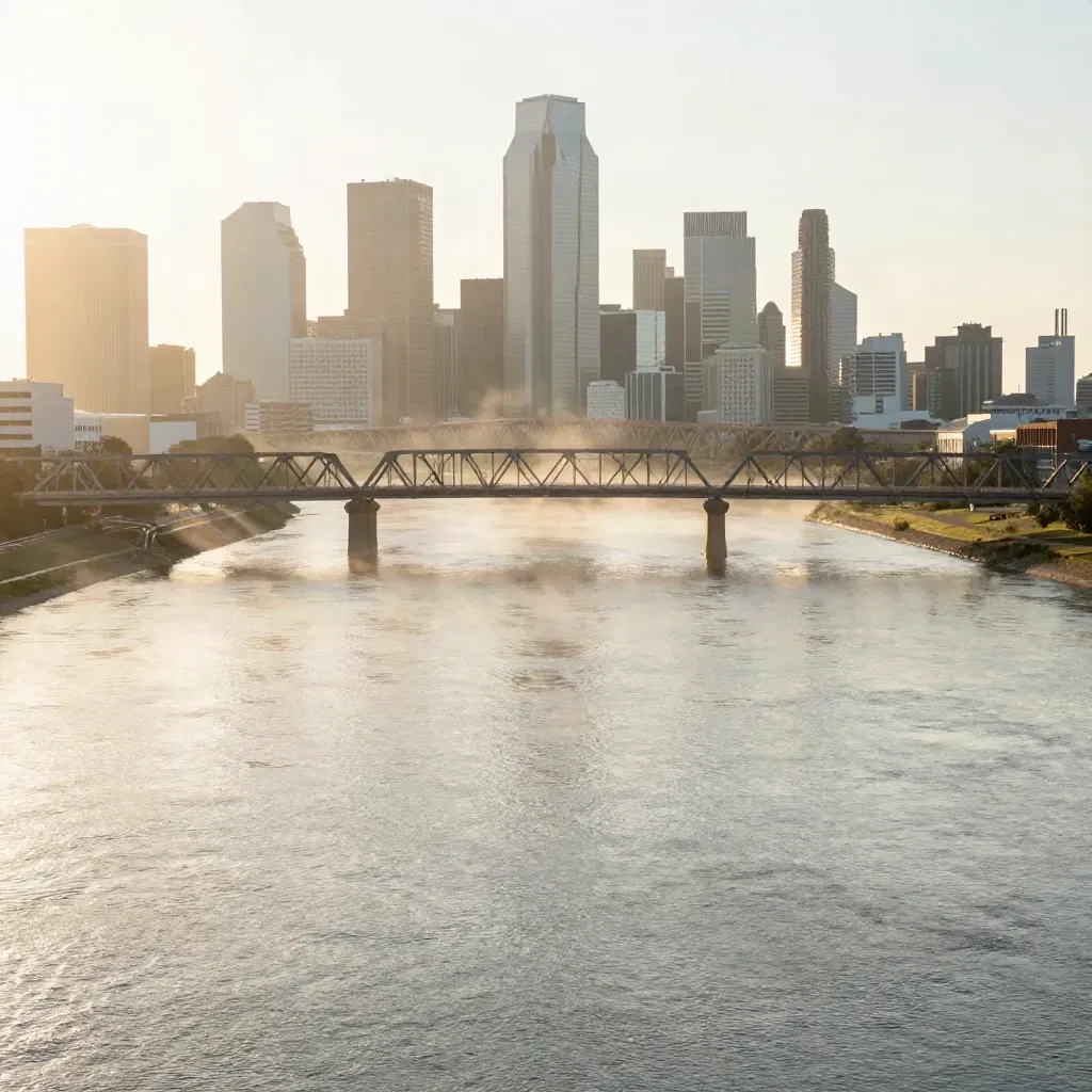Dallas-Fort Worth skyline and rail bridges above a hazy river overlook at golden hour